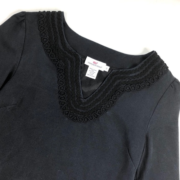 Vineyard Vines silk cotton navy black tunic top 2 ribbed v-neck ric-rack trim - Picture 3 of 8